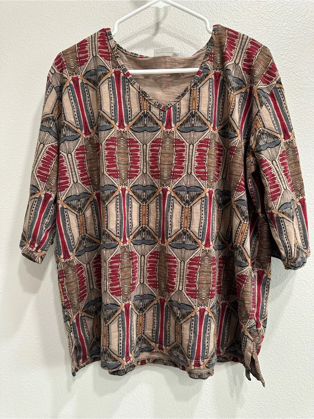 Prairie Cotton Relaxed Geometric Print Womens Top,3/4 sleeve,USA